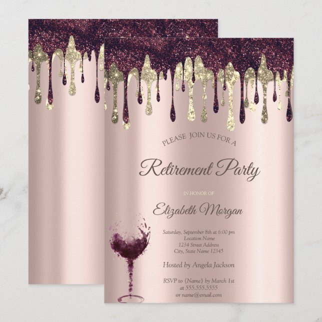 Burgundy Glitter Drips Glass Rose Gold Retirement  Invitation (Front/Back)
