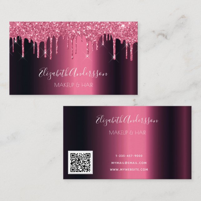 Burgundy glitter drips metal QR colde script Business Card (Front/Back)