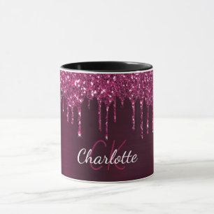 Burgundy glitter drips monogram initials  mug