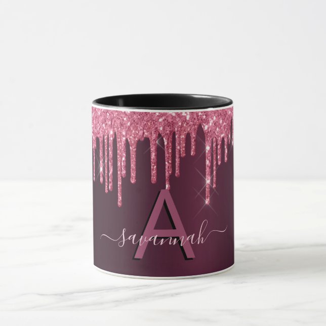 Burgundy glitter drips monogram script mug (Center)