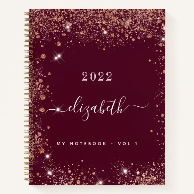 Burgundy glitter dust name script diary notebook (Front)
