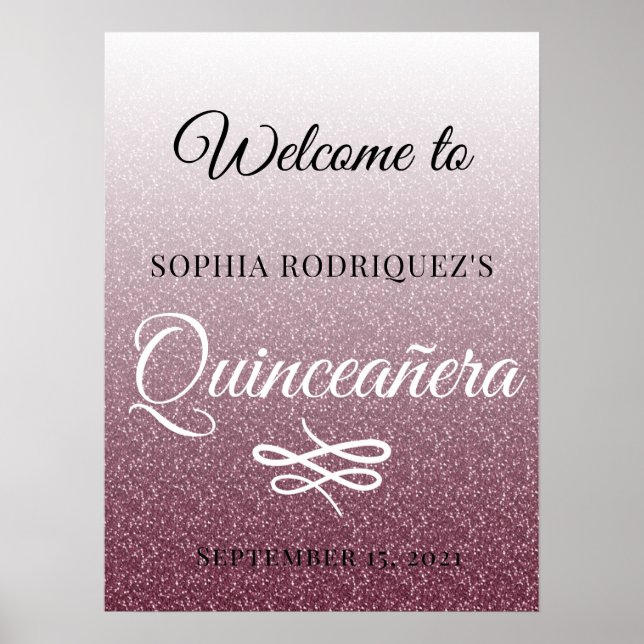 Burgundy Glitter Quinceañera 15th Birthday Welcome Poster (Front)