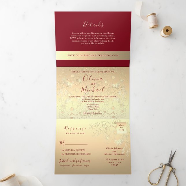 Burgundy Gold 3-in-1 Wedding Invitation (Inside)