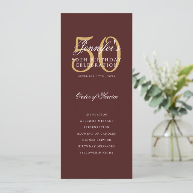 Burgundy Gold 50th Birthday Program w/ Menu (Standing Front)