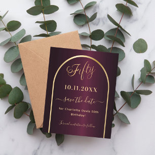 Burgundy gold 50th budget birthday save the date flyer