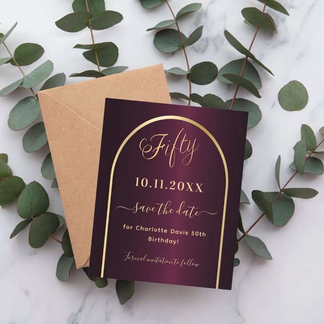 Burgundy gold 50th budget birthday save the date flyer (Creator Uploaded)