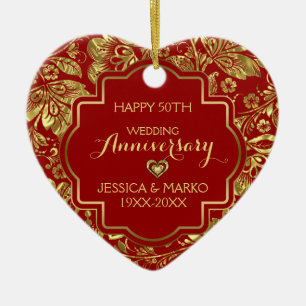 Burgundy & Gold 50th Wedding Anniversary Ceramic Ornament