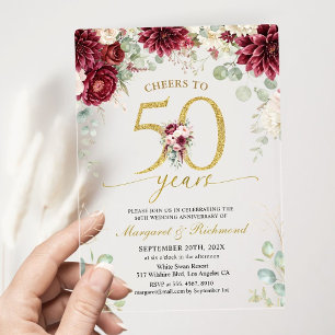 Burgundy Gold 50th Wedding Anniversary Floral Acrylic Invitations