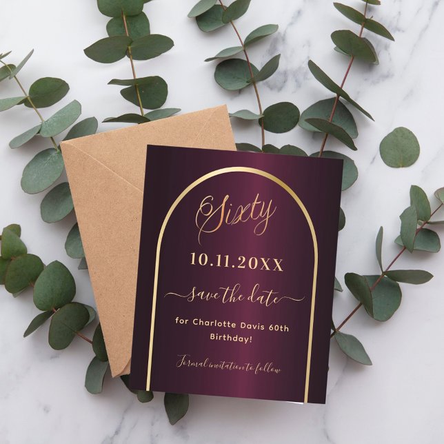 Burgundy gold 60th birthday save the date card (Creator Uploaded)