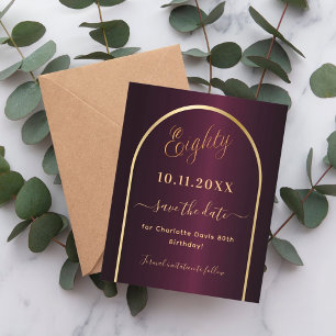 Burgundy gold 80th birthday save the date card