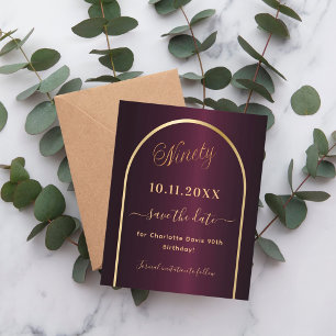 Burgundy gold 90th birthday save the date card