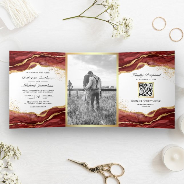Burgundy Gold Abstract Ink QR Code Wedding Tri-Fold Invitation (Creator Uploaded)