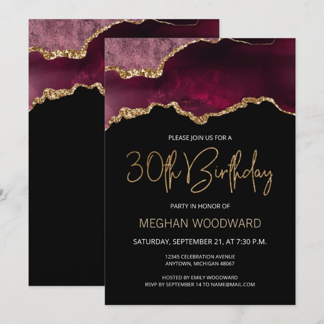 Burgundy Gold Agate 30th Birthday Party Invitation (Front/Back)