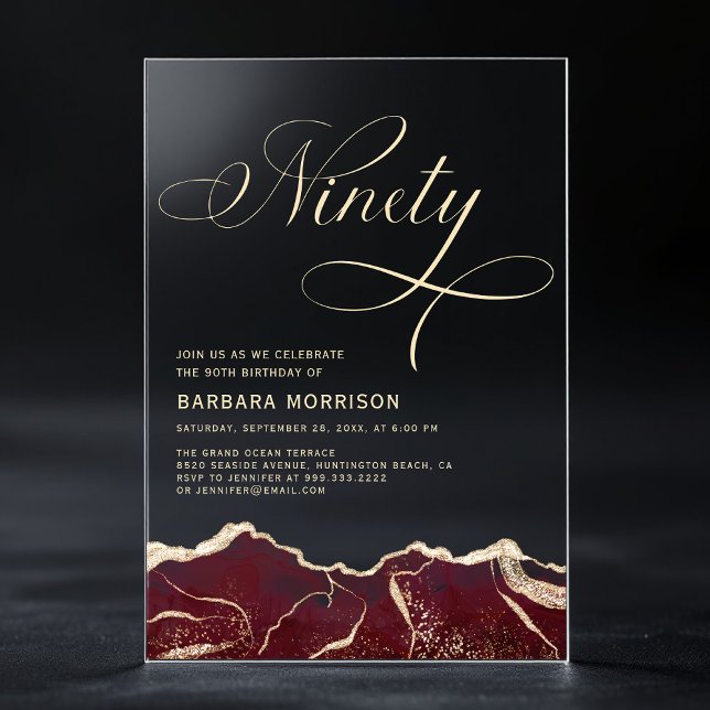 Burgundy Gold Agate 90th Ninety Birthday Party Acrylic Invitations (Creator Uploaded)