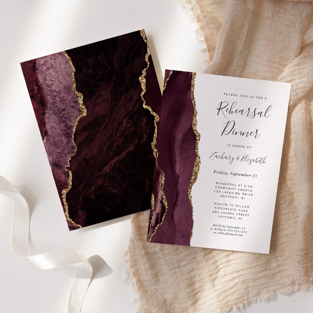 Burgundy Gold Agate Blush Wedding Rehearsal Dinner Invitation (Creator Uploaded)