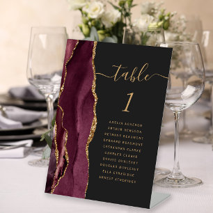 Burgundy Gold Agate Dark Wedding Table Number Pedestal Sign