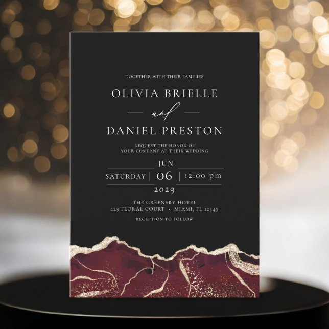 Burgundy Gold Agate Elegant Modern Wedding Invitation (Creator Uploaded)