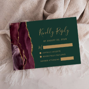 Burgundy Gold Agate Emerald Green Wedding RSVP Card