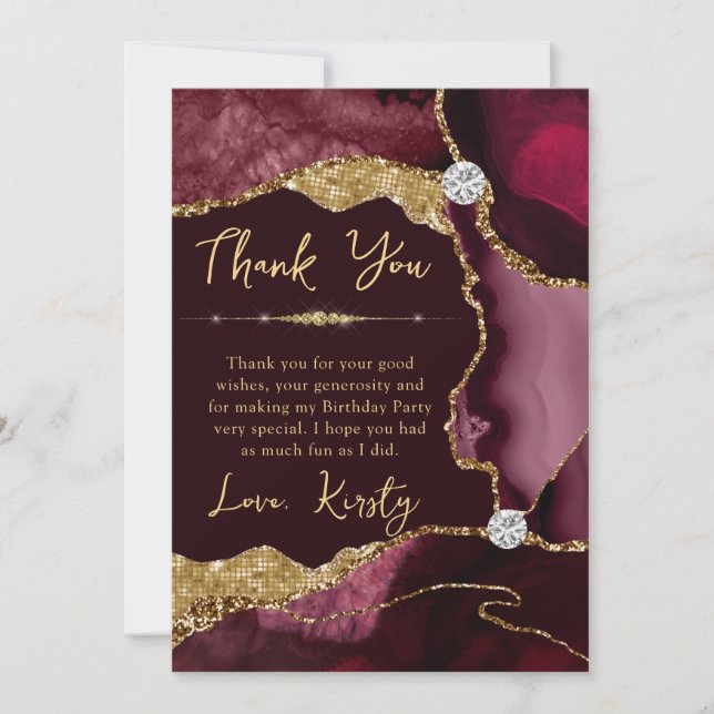 Burgundy Gold Agate Geode Birthday Thank You Card (Front)