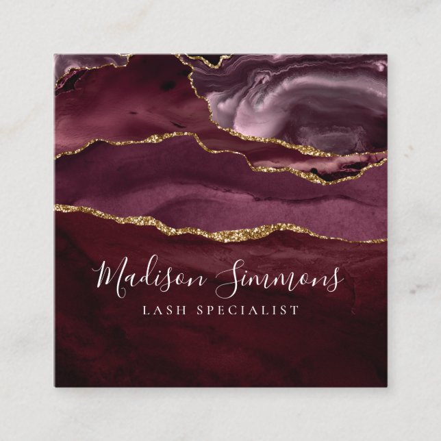 Burgundy Gold Agate Geode Monogram Elegant Script Square Business Card (Front)