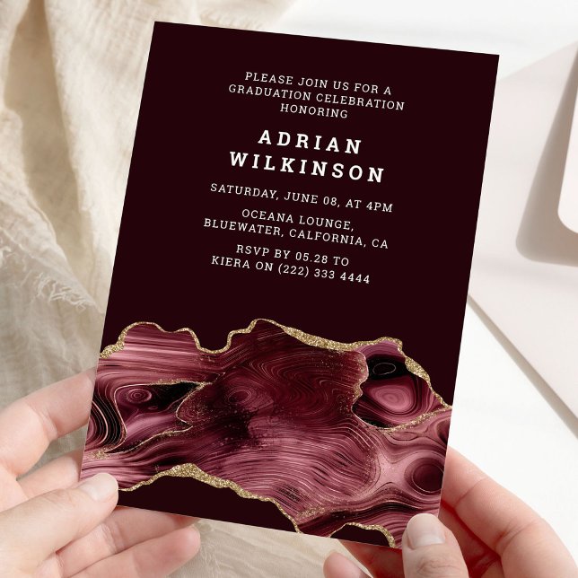 Burgundy & Gold Agate Graduation Invitation (Creator Uploaded)