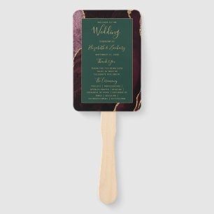 Burgundy Gold Agate Green Wedding Program Hand Fan