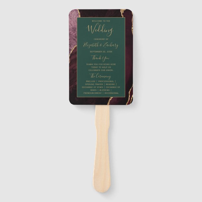 Burgundy Gold Agate Green Wedding Program Hand Fan (Front)