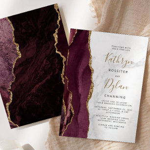 Burgundy Gold Agate Grey Marble Wedding Invitation