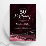 Burgundy Gold Agate Marble 50th Birthday Invitation<br><div class="desc">Burgundy and silver agate 50th birthday party invitation. Elegant modern design featuring marsala wine,  dark red watercolor agate marble geode background,  faux glitter silver and typography script font. Trendy invite card perfect for a stylish women's bday celebration. Printed Zazzle invitations or instant download digital printable template.</div>