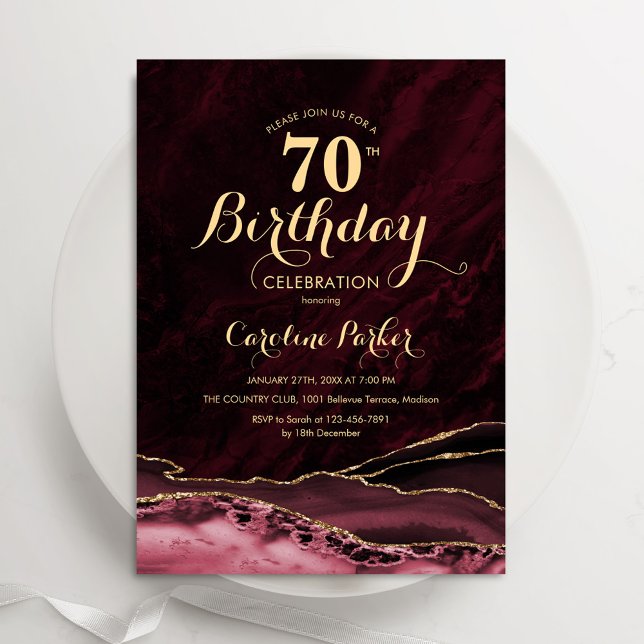 Burgundy Gold Agate Marble 70th Birthday Invitation (Creator Uploaded)
