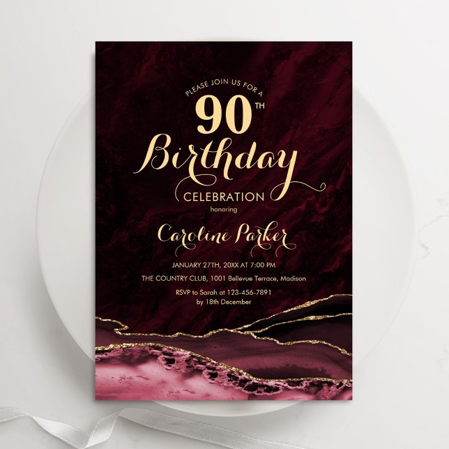 Burgundy Gold Agate Marble 90th Birthday Invitation (Creator Uploaded)