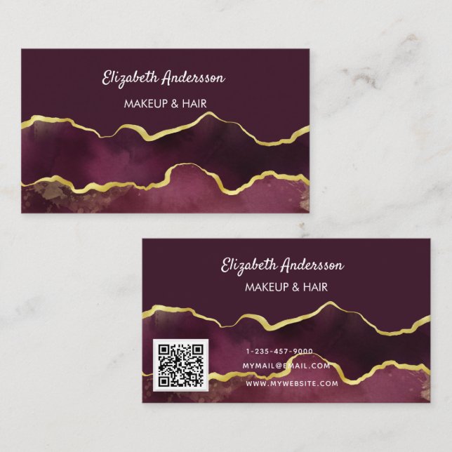 Burgundy gold agate marble elegant modern QR code Business Card (Front/Back)
