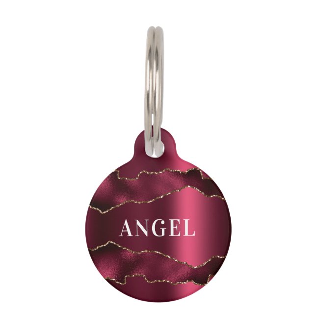 Burgundy gold agate marble name pet tag (Front)
