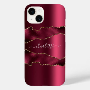 Burgundy gold agate marble name script Case-Mate iPhone 14 case