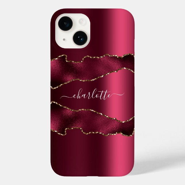 Burgundy gold agate marble name script Case-Mate iPhone case (Back)
