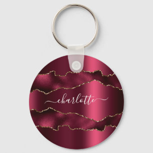 Burgundy gold agate marble name script  keychain