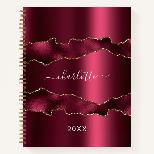 Burgundy gold agate marble name script notebook (Front)