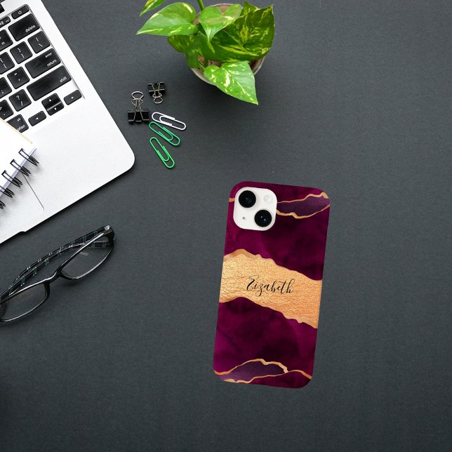 Burgundy gold agate marble rose gold name Case-Mate iPhone case (Creator Uploaded)