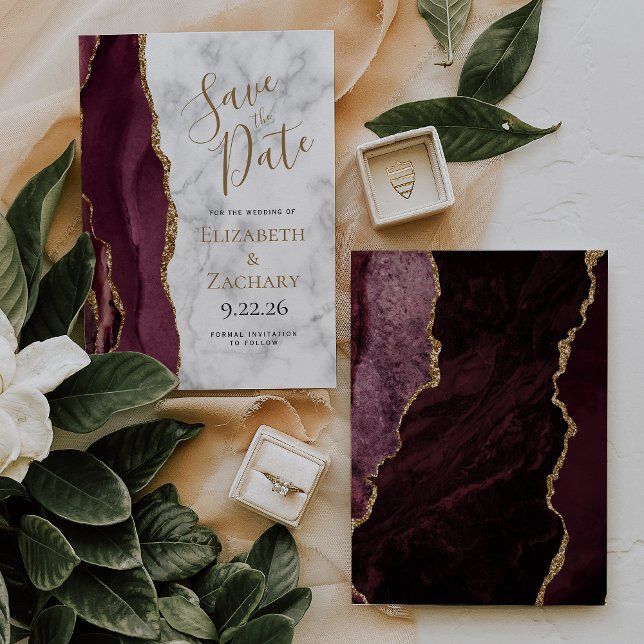 Burgundy Gold Agate Marble Save the Date Card (Creator Uploaded)