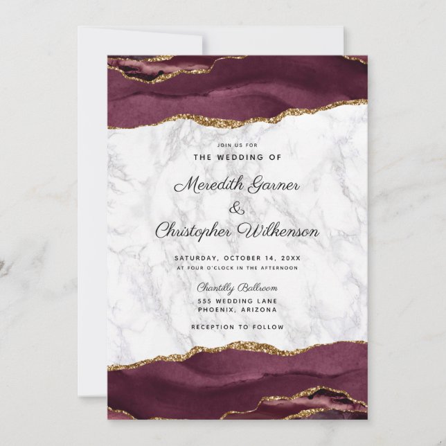  Burgundy Gold Agate Marble Wedding Invitation (Front)