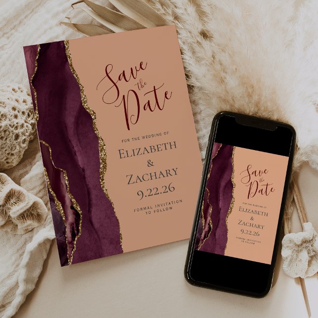 Burgundy Gold Agate Peach Save the Date Announcement (Creator Uploaded)
