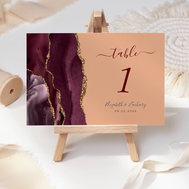 Burgundy Gold Agate Peach Wedding Table Number (Creator Uploaded)