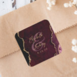Burgundy Gold Agate Script Wedding Square Sticker<br><div class="desc">This elegant modern wedding sticker features a burgundy watercolor agate geode design trimmed with faux gold glitter. Easily customize the gold-coloured text,  with the names of the bride and groom in handwriting calligraphy over a large ampersand and the wedding date below.</div>