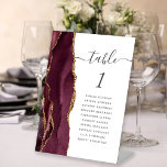 Burgundy Gold Agate Script Wedding Table Number Pedestal Sign<br><div class="desc">The left-hand edge of this elegant modern wedding table number pedestal features a burgundy red watercolor agate border trimmed with faux gold glitter. The word "table" appears in whimsical charcoal grey script on a white background. Add the names of your guests who are assigned to each table.</div>