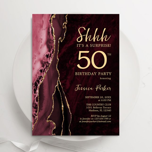 Burgundy Gold Agate Surprise 50th Birthday Invitation (Creator Uploaded)