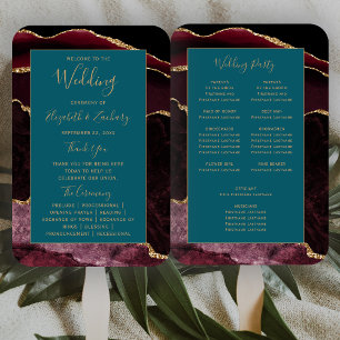 Burgundy Gold Agate Teal Blue Wedding Program  Hand Fan