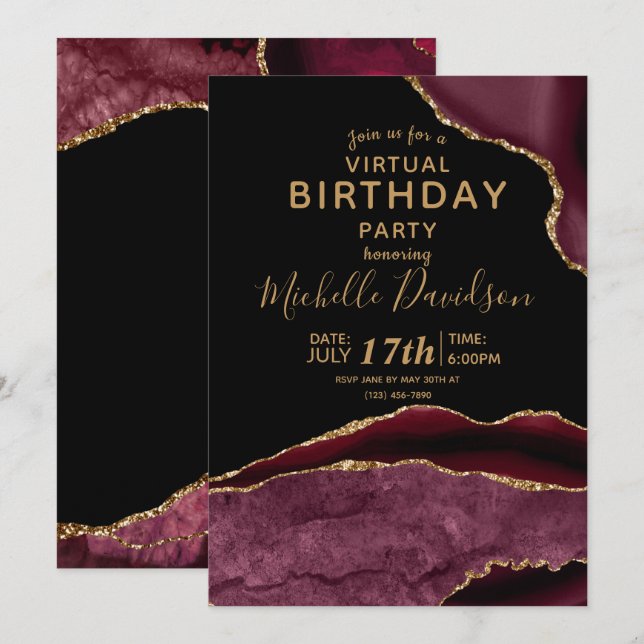 Burgundy & Gold Agate Virtual Birthday  Invitation (Front/Back)