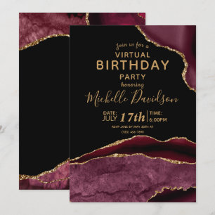 Burgundy & Gold Agate Virtual Birthday  Invitation