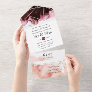 Burgundy, Gold and Blush Geometric Wedding All In One Invitation