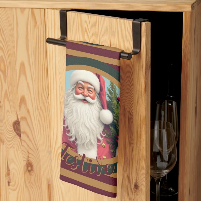 Burgundy gold and dark green kitchen towel (Thirds Fold)